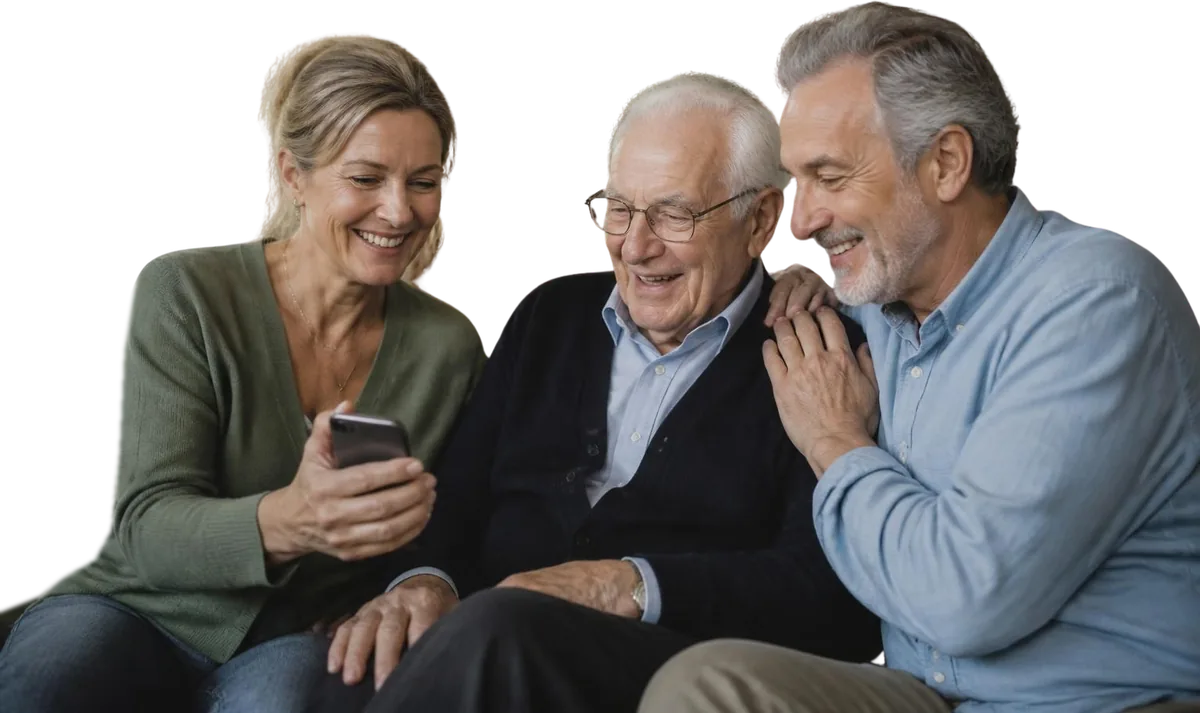 Un père de 84 ans entouré de sa fille et de son fils, qui regardent ensemble un téléphone